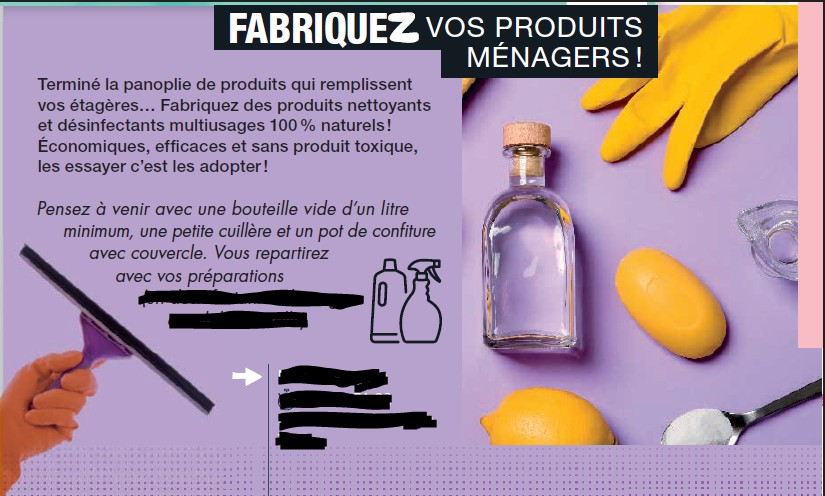 ATELIER OFFERT (sur inscription) : Fabriquez vos produits ménagers !